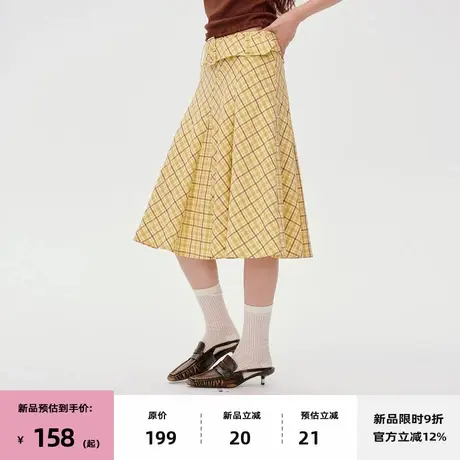 【7/08 20点新品9折】omont蛋挞家复古格纹高腰大摆a字中长半身裙商品大图