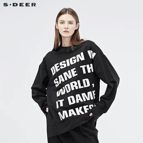 sdeer圣迪奥2019秋简约圆领字母不规则斜摆纯黑卫衣S19182225图片