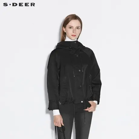 sdeer圣迪奥女装抽绳连帽格纹拼接开衩短款外套S21382201图片
