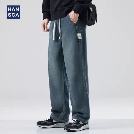 hansca蓝色直筒牛仔裤男秋季水洗宽松休闲长裤复古潮牌痞帅阔腿裤商品大图