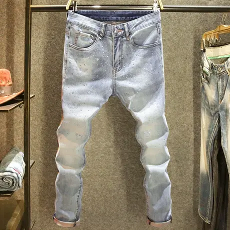 潮牌手工烫钻设计男士牛仔裤修身小脚裤欧洲站高端时尚百搭长裤子商品大图