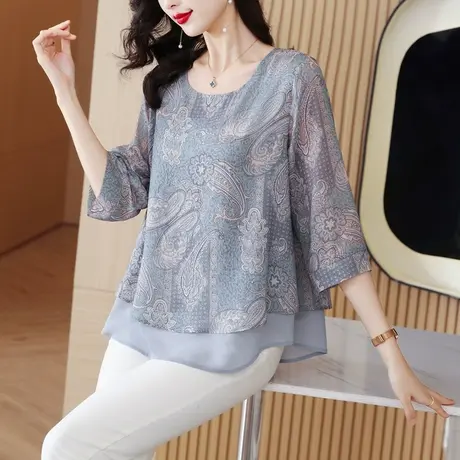 七分袖雪纺衫女夏季新款宽松加大码女装中年妈妈减龄百搭中袖上衣图片