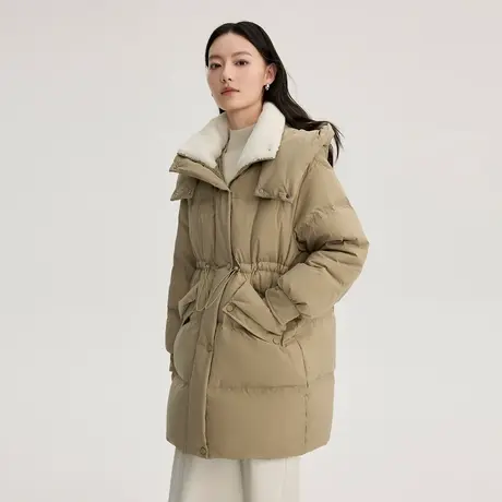 【直播】艾莱依羽绒服女冬2024新款收腰中长款保暖仿羊羔毛领外套商品大图