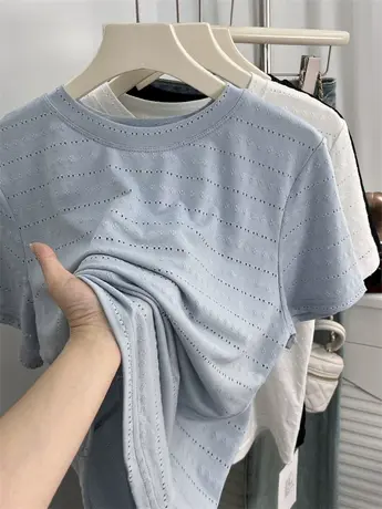 镂空洞洞轻薄透气短袖t恤女2024新款小个子夏清凉设计感短款上衣商品大图