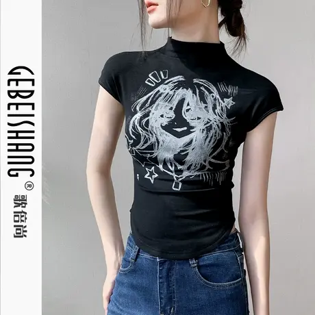 半高领无袖T恤女2024早秋新款修身显瘦印花配衬衫的内搭坎肩上衣图片