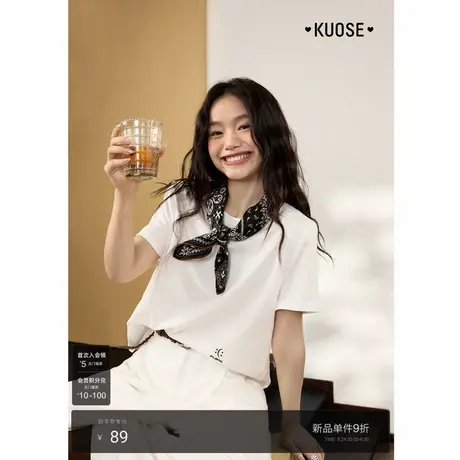 阔色白色刺绣短袖正肩上衣2025夏日松弛感t恤新款女短款宽松半袖图片