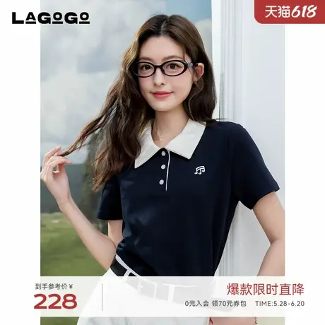 LAGOGO撞色显白刺绣短袖T恤女拉谷谷2025年夏季新款翻领元气上衣图片
