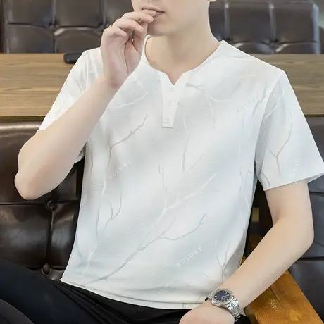 夏季新款冰丝短袖T恤男士潮牌男装设计感时尚个性休闲V领半袖衫商品大图
