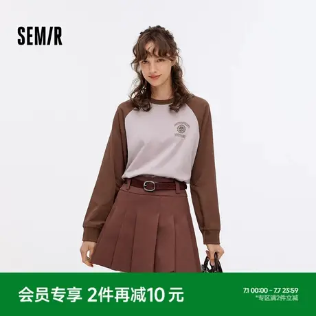 森马长袖T恤女中长款宽松字母圆领衣服秋潮流复古撞色插肩袖上衣图片