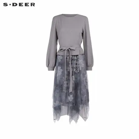 sdeer圣迪奥女装圆领印花网纱针织衫连衣裙套装S243Z1417商品大图