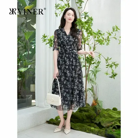 YINER音儿专选女装秋季法式夏日度假艺术印花网纱V领收腰连衣裙商品大图