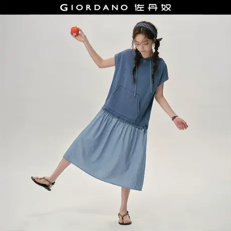 设计师款佐丹奴假两件连衣裙女纯棉拼接牛仔连帽短袖裙子18465821商品大图