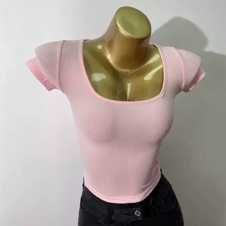 2021夏季新款韩版气质方领短袖Ｔ恤女士短款露脐紧身显胸体恤上衣图片