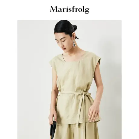 【商场同款】玛丝菲尔夏季卡其色圆领侧身开叉无袖T恤图片