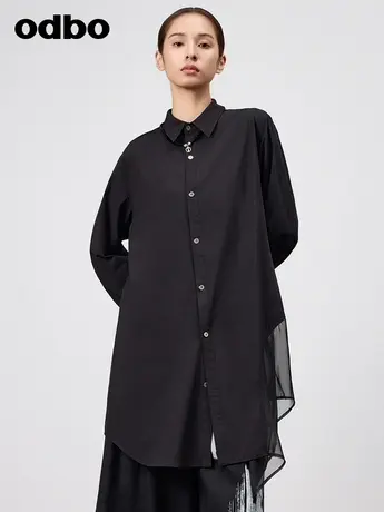odbo/欧迪比欧时尚设计感不规则拼接长袖衬衫女春季新款衬衣图片