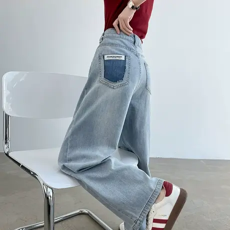 蓝色复古阔腿牛仔裤女2025年夏季新款高腰宽松薄款撞色垂感直筒裤商品大图