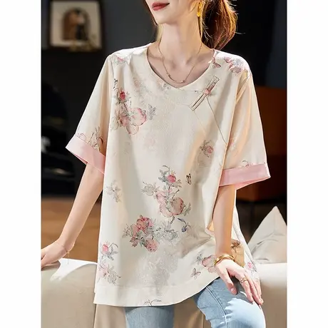 宝诗黎圆领提花短袖雪纺衫2025夏季新中式宽松大码百搭女装上衣图片