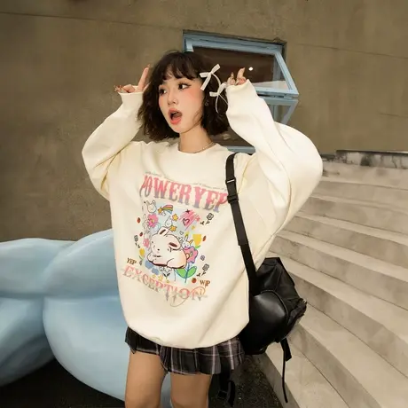 YEP韩系动物印花圆领卫衣女春秋2025年新款宽松oversize无帽上衣商品大图