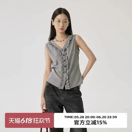 omont蛋挞家 复古V领荷叶边无袖衬衫夏季新修身显瘦格子上衣商品大图