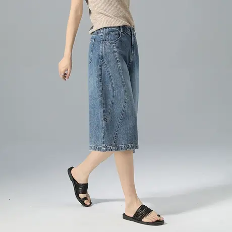 高腰七分阔腿牛仔裤女夏季薄款2025新款小个子直筒宽松裤子六分裤商品大图