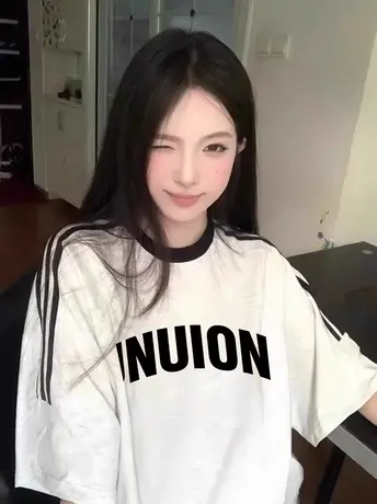 复古chic拼接设计感T恤女插肩大码印花短袖ins潮夏季情侣休闲上衣商品大图