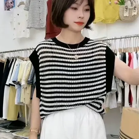 韩系撞色条纹无袖背心针织衫T恤女夏季新款薄款镂空小飞袖上衣潮图片