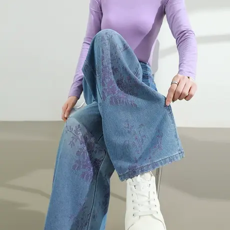 莱赛尔天丝棉提花阔腿牛仔裤女夏季薄款印花高腰宽松直筒拖地裤子商品大图