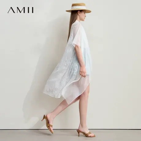 Amii2025夏新款极简度假透肤宽松中长绣花雪纺合肩短袖开襟雪纺衫商品大图