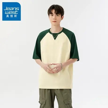 N5真维斯短袖T恤男2025夏季新款美式潮牌男生半袖假两件V领上衣服图片