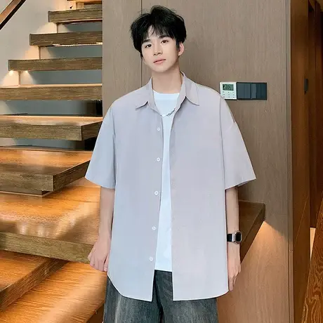 冰丝短袖衬衫男夏季2025新款潮牌简约纯色半袖寸衫大码宽松衬衣服商品大图