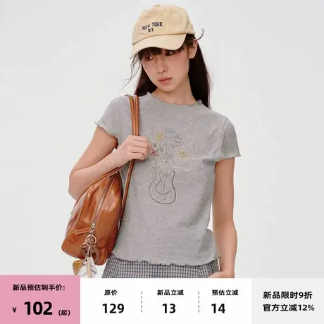 【7/08 20点新品9折】omont蛋挞家复古半高领印花修身显瘦短袖T恤图片