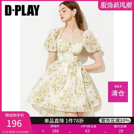 DPLAY夏新温柔气质奶杏仙踪泡泡袖挂脖系带大摆沙滩裙商品大图