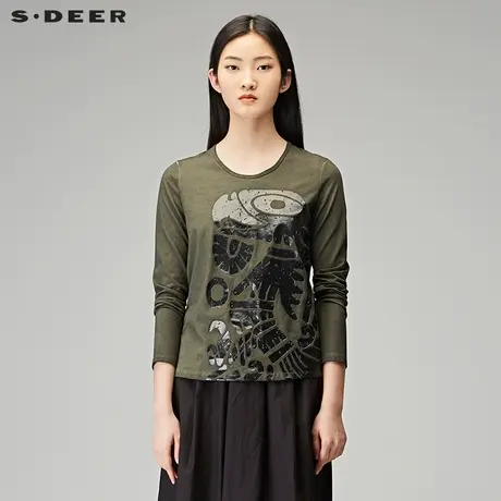 sdeer圣迪奥秋装圆领图腾印花做旧长袖打底T恤女装S17380297图片