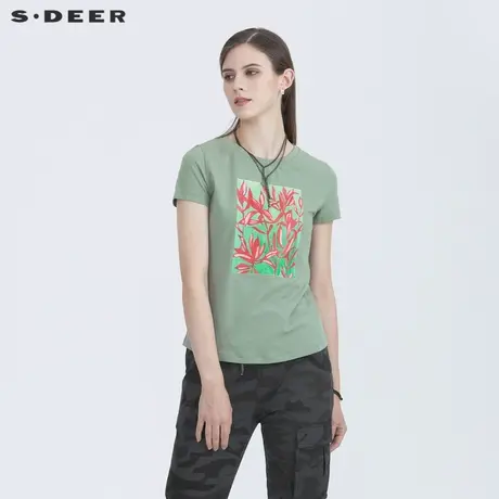 sdeer圣迪奥女装夏装简约圆领撞色印花短袖T恤S21280135图片