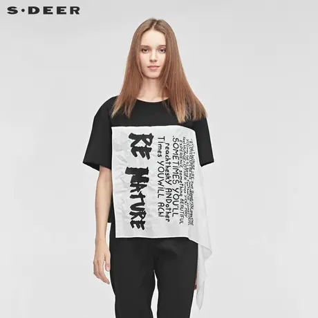 sdeer圣迪奥女装圆领字母印花撞色拼接不规则摆短袖T恤S192801B9图片