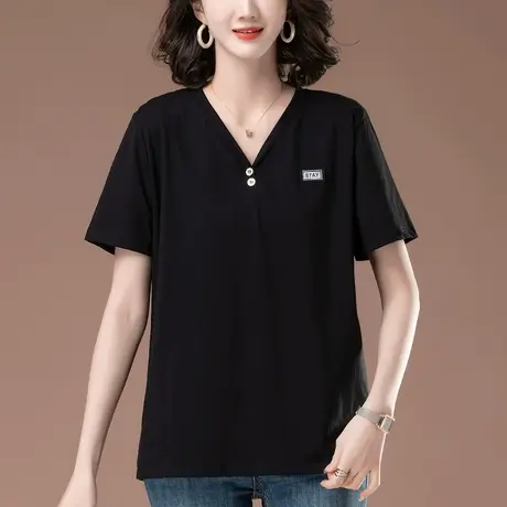 中年妈妈纯棉短袖T恤女夏季新款宽松加肥加大码女装v领显瘦上衣衫图片