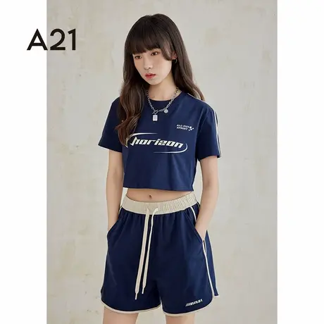 A21女装宽松圆领落肩短袖T恤美式短款露脐装打底衫女图片