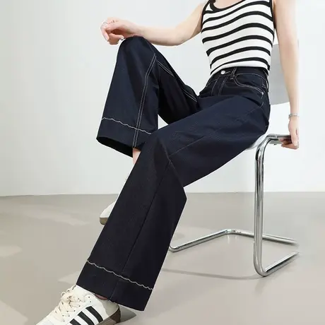 复古明线阔腿牛仔裤女夏季薄款高腰垂感宽松百搭显瘦拖地直筒裤子商品大图