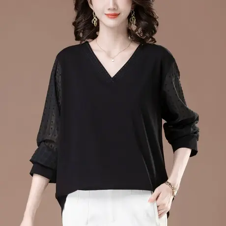 妈妈V领长袖T恤女春秋季宽松加肥加大码女装中老年休闲纯棉打底衫图片