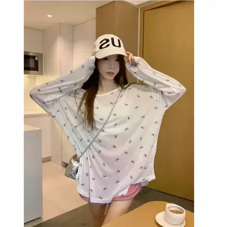 2025慵懒风蝴蝶结印花长袖T恤女装夏季宽松薄款微透防晒罩衫上衣商品大图