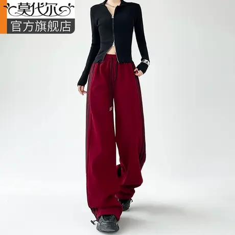 美式运动裤女秋冬季2024新款高腰垂感宽松雅痞阔腿裤显瘦束脚卫裤图片