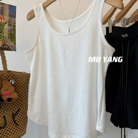 原生松弛！五色棉麻背心t恤女柔软简约纯色圆弧摆内搭透气上衣夏商品大图