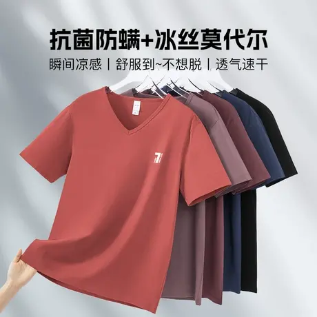 莫代尔短袖t恤男装抗菌防螨V领上衣服冰丝凉感半袖字母印花体恤衫商品大图