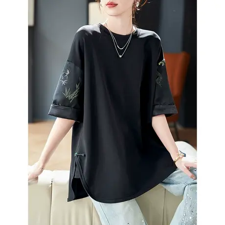 宝诗黎圆领印花拼接短袖T恤2025新款慵懒百搭棉质夏季休闲上衣女图片