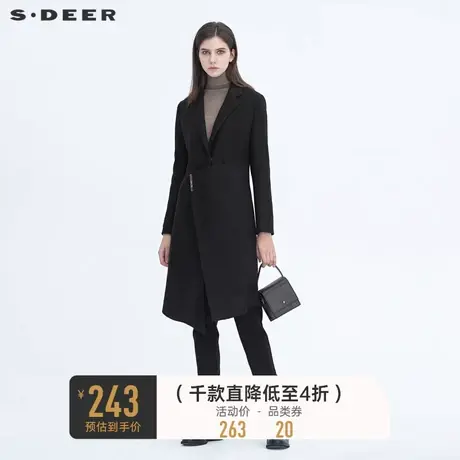 sdeer圣迪奥冬季女装休闲平驳领拼接黑色长款毛呢大衣S20481816🗝商品大图