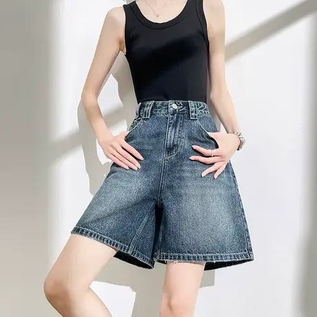 复古蓝五分牛仔短裤女夏季薄款宽松a字显瘦百搭高腰直筒阔腿中裤图片