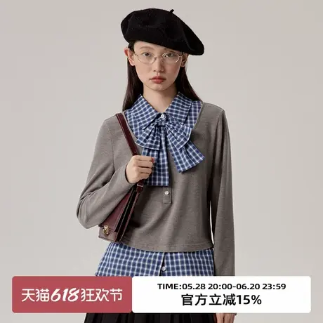 omont蛋挞家 复古假两件格子拼接长袖T恤冬德绒宽松厚打底衫上衣商品大图