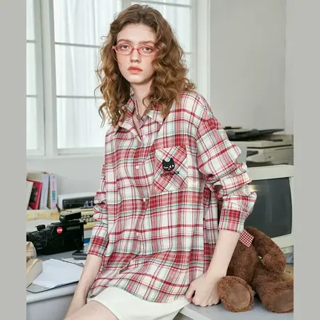 a02美式复古街头口袋绣花格纹外套长袖上衣2025春季休闲女式衬衫图片