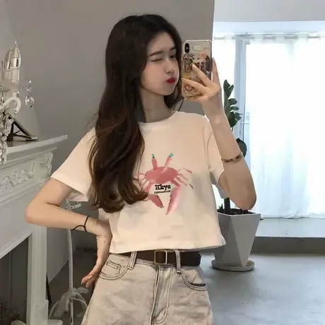 美式设计感白色正肩短袖t恤女2025夏季新款可爱风小个子短款上衣图片