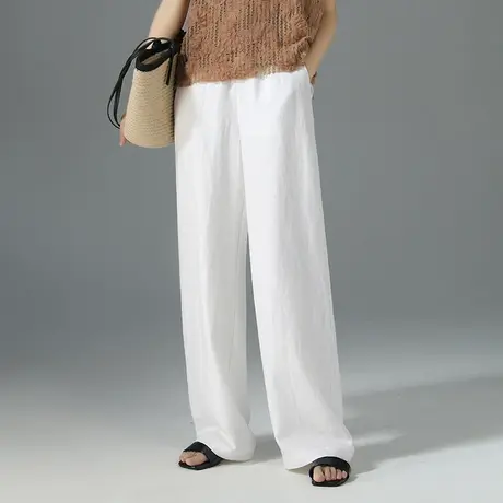 白色天丝亚麻阔腿裤女夏季薄款2025新款宽松裤子夏高腰休闲直筒裤图片